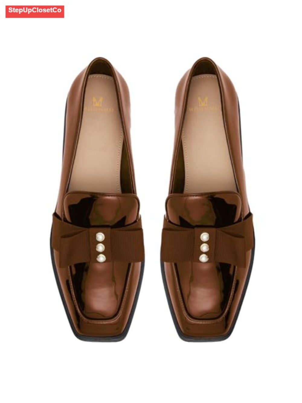 Women's Faux Leather Square Toe Loafers Chunky Block Heel Bow Pearl Slip On